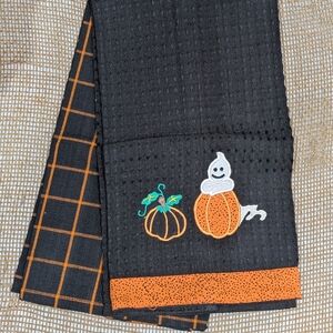 Halloween Kitchen Towels, Black & Orange, Cute Ghost Applique